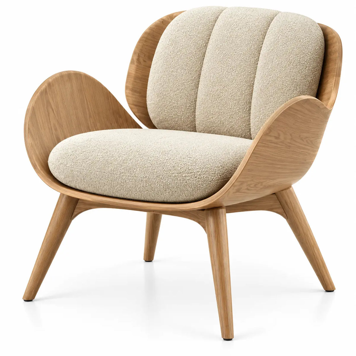 Poltrona, scocca a petali e cuscini a fasce, marrone/beige