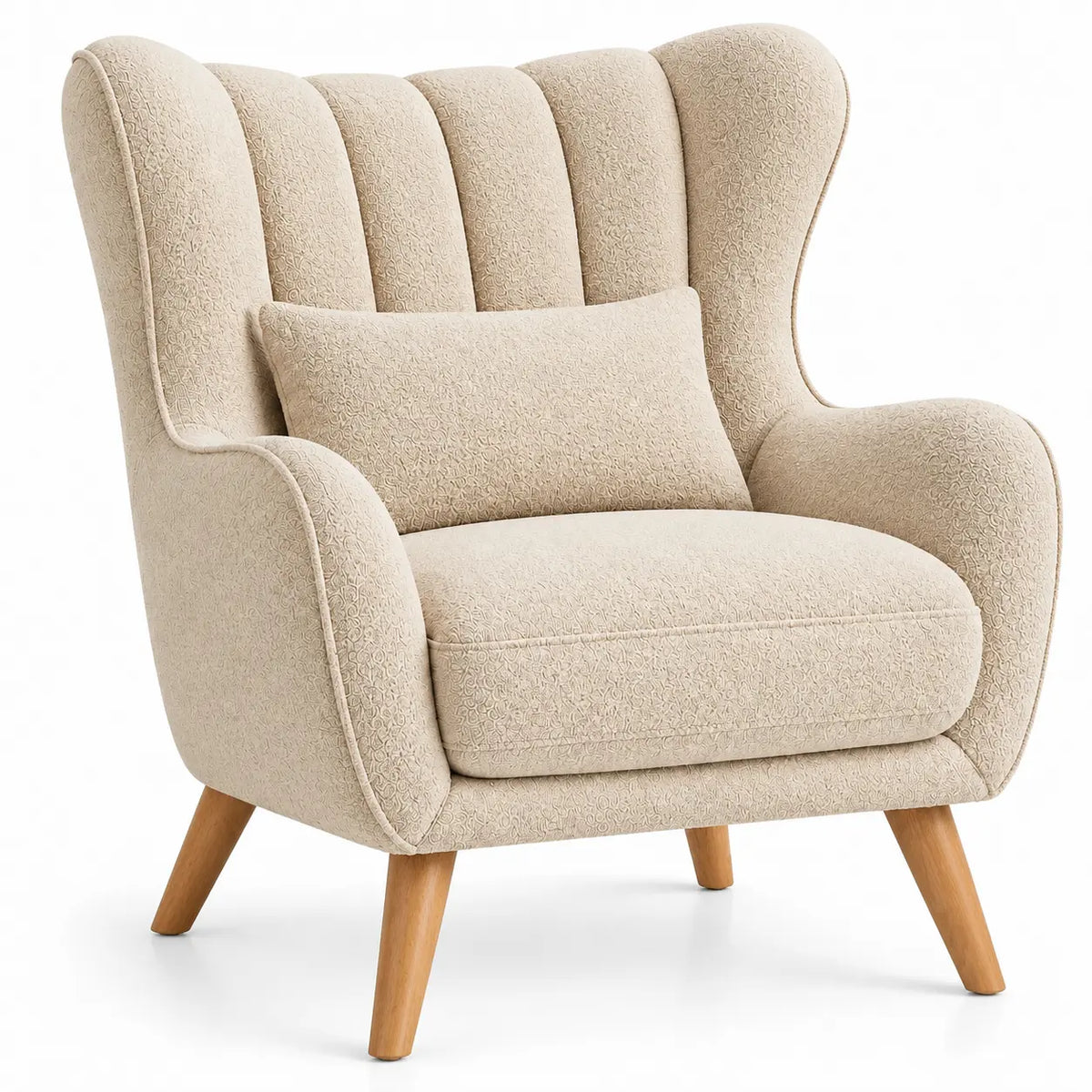 Poltrona, schienale alto a fasce e piedini inclinati, beige/marrone
