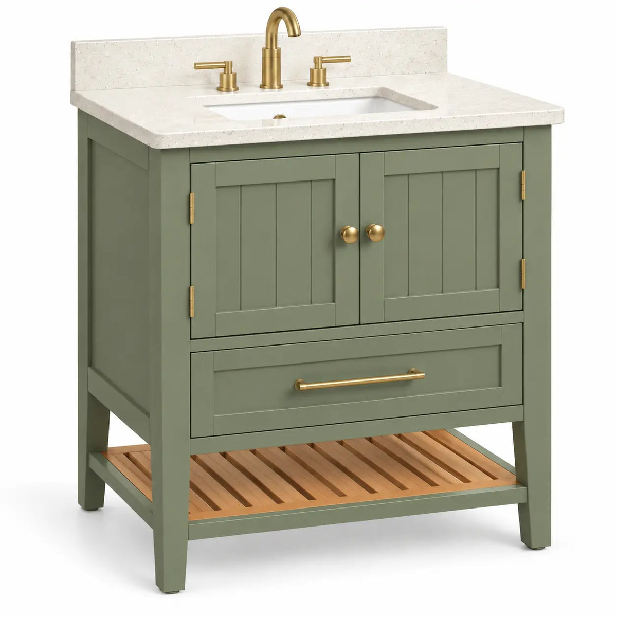 Mobile bagno con lavabo, lavabo, due ante e ripiano inferiore, verde/marrone/bianco