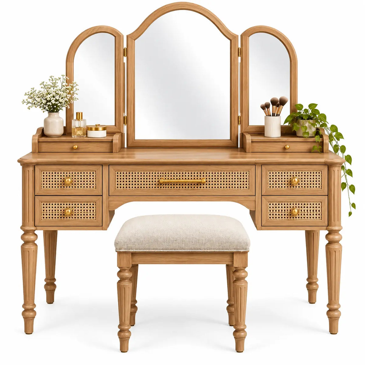 Mobile da toeletta con specchio, specchio a tre sezioni e sgabello, marrone/beige