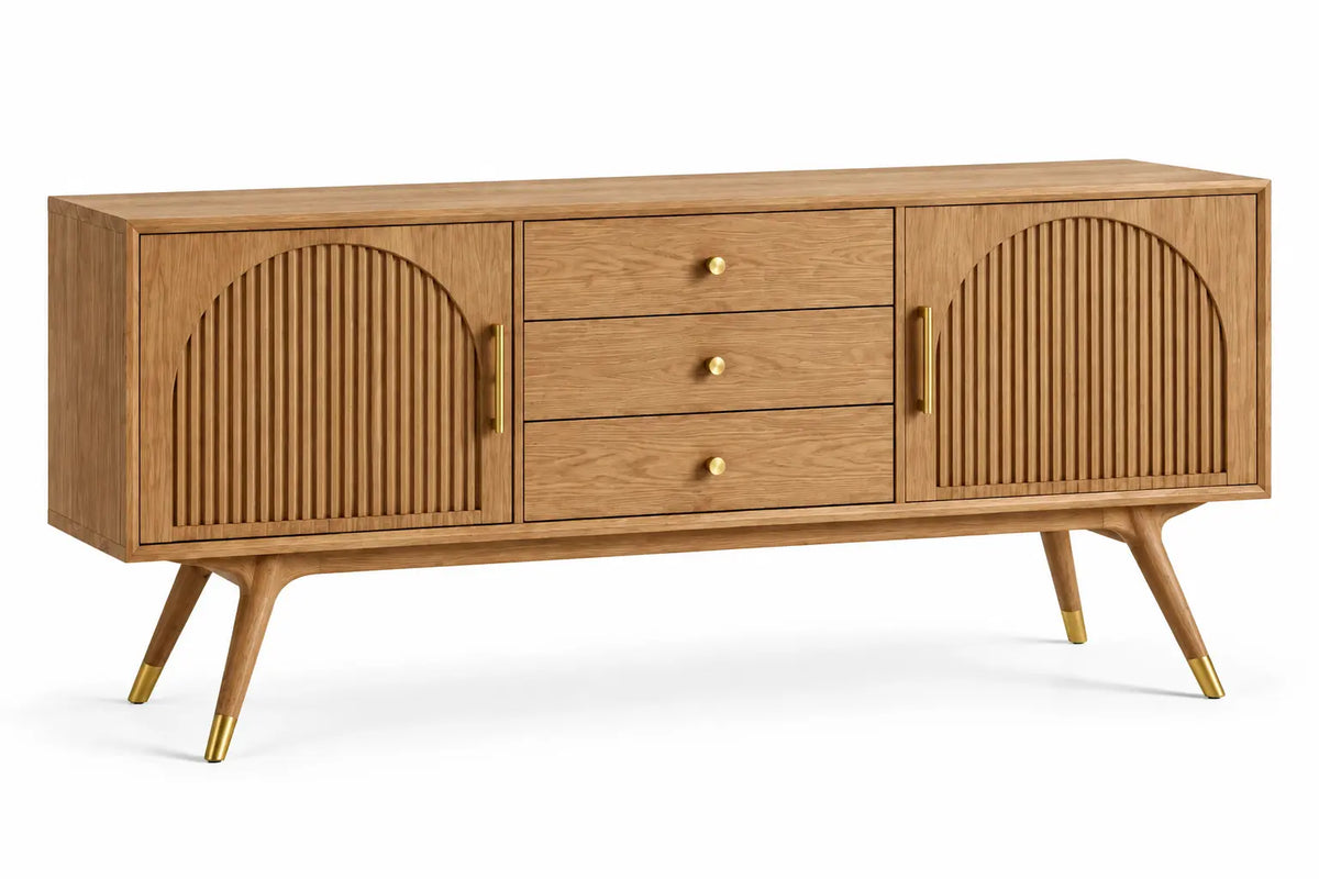Credenza, ante a listelli ad arco e tre cassetti, marrone