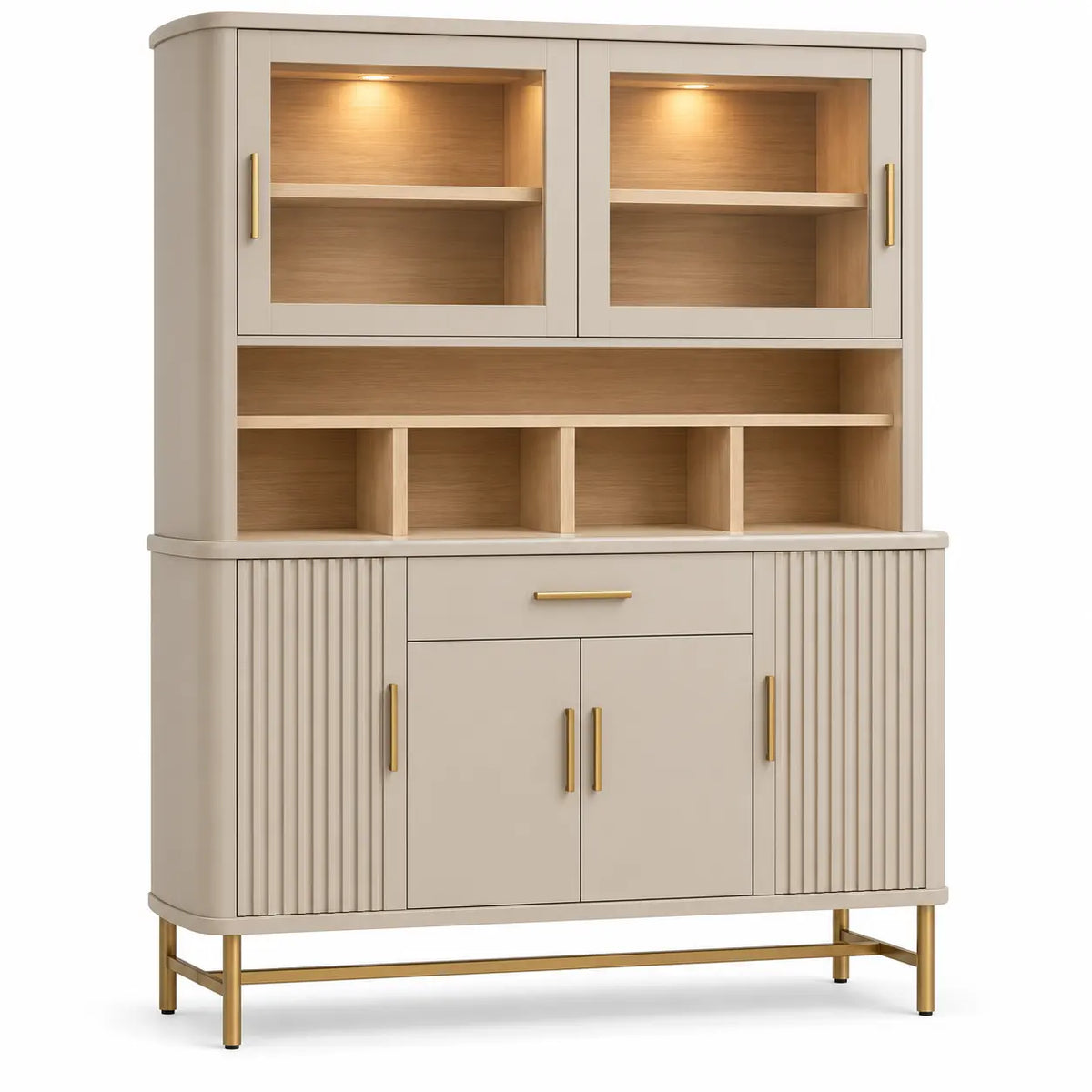 Vetrina, ante vetrate superiori e ante inferiori scanalate, beige/marrone