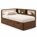Struttura letto con testiera, testiera angolare con ripiani e cassetti nella base, marrone/beige