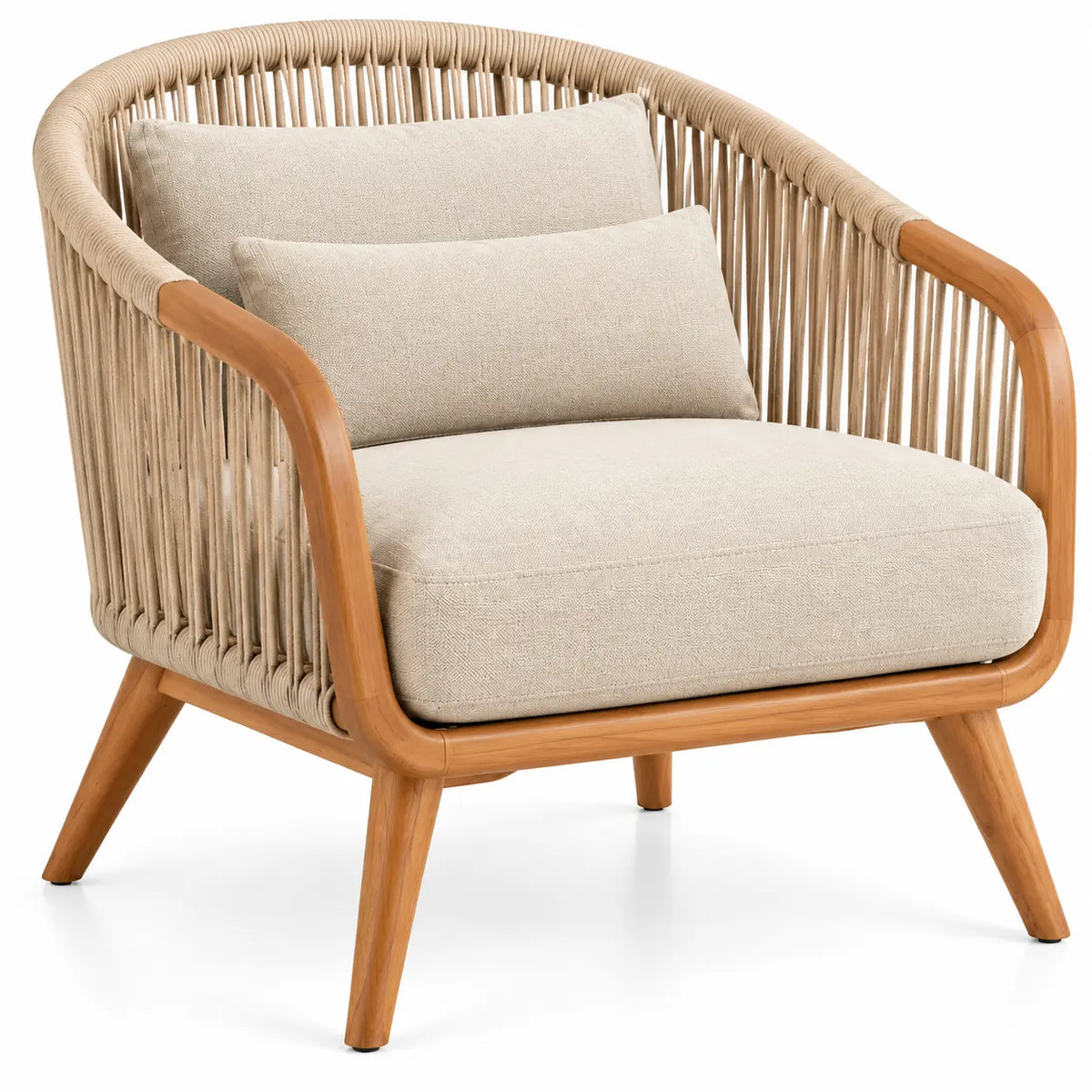 Poltrona, schienale a listelli curvi e cuscini, marrone/beige