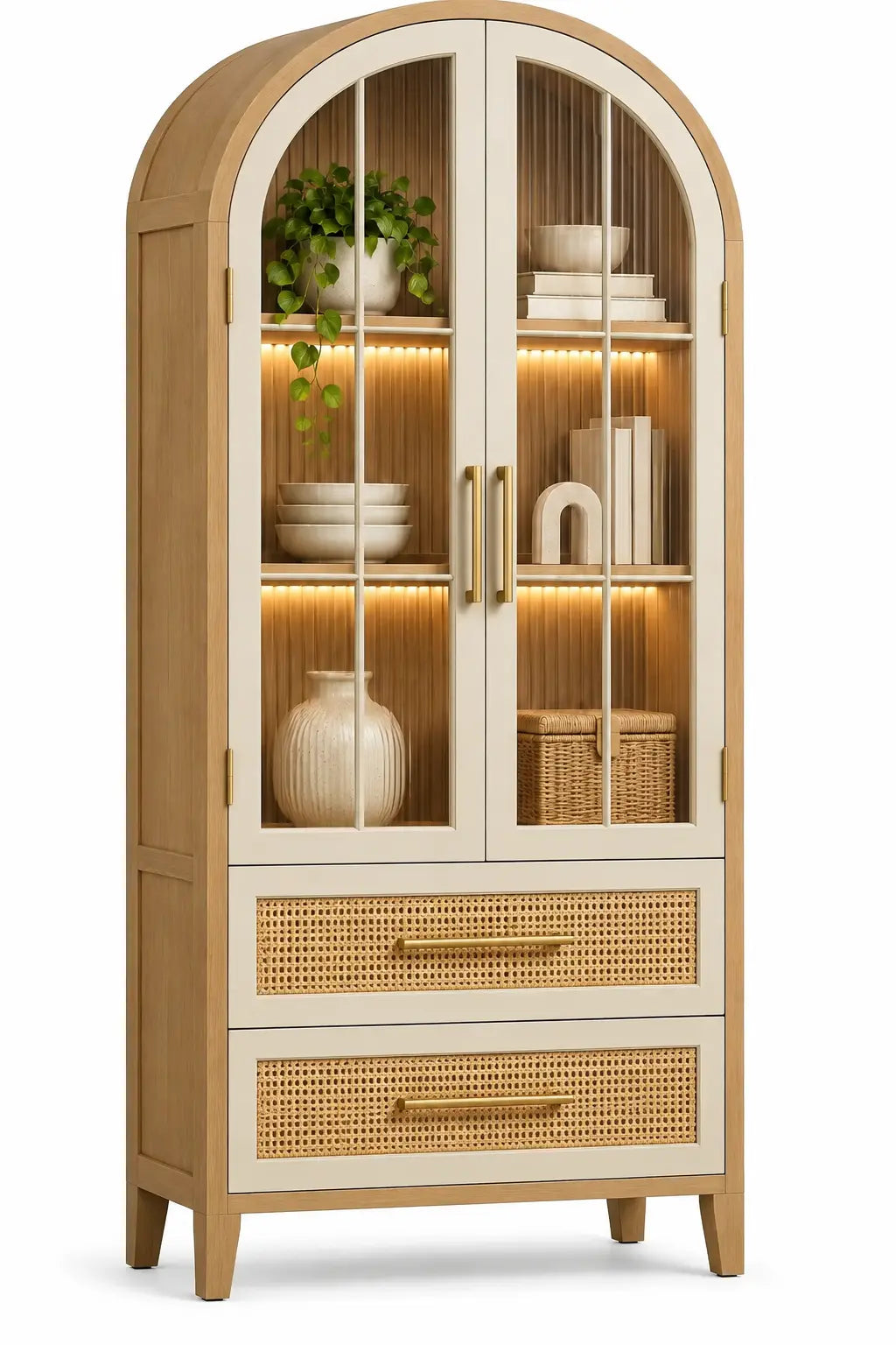 Vetrina, profilo arcuato e cassetti intrecciati, marrone/beige