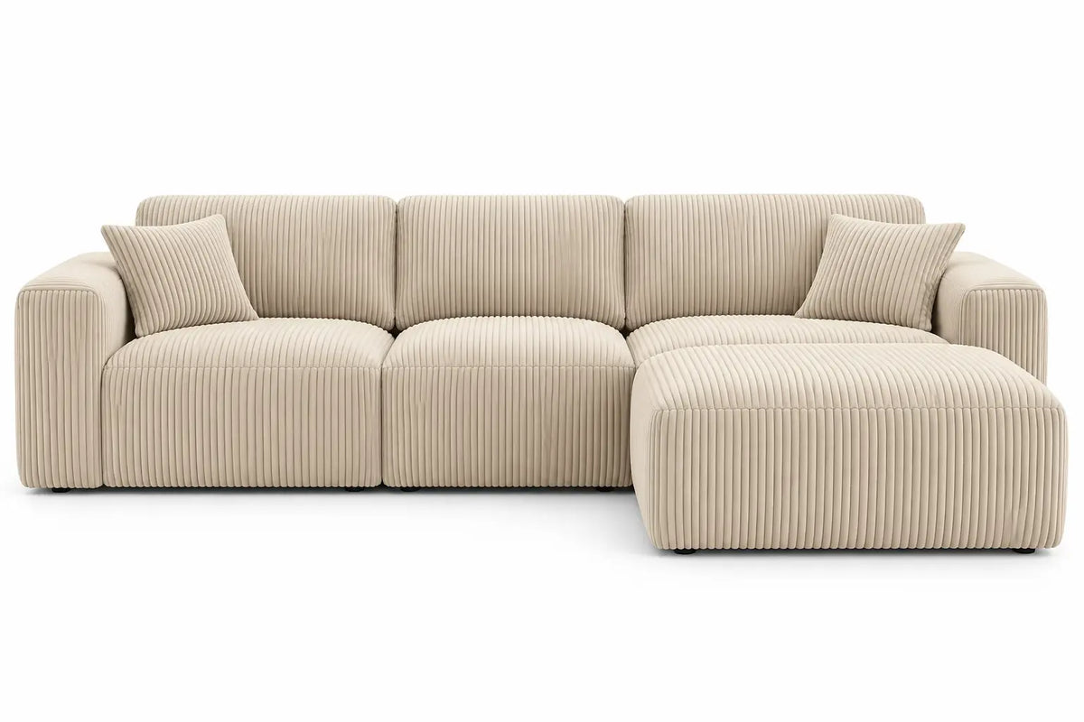 Divano angolare, rivestimento a righe e penisola laterale, beige