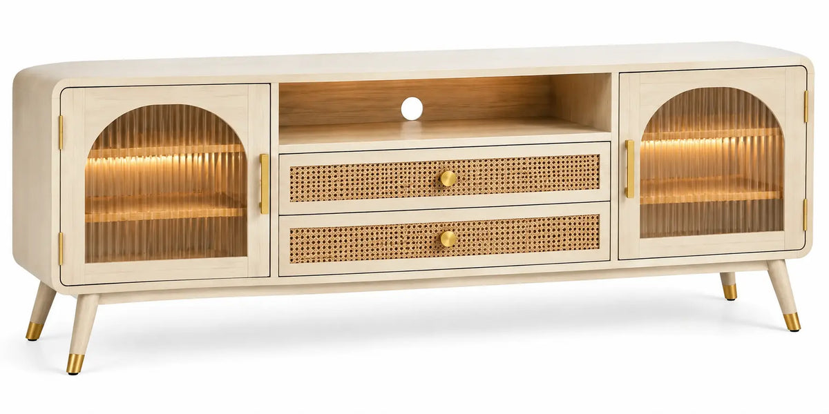 Mobile porta televisore, ante vetrate ad arco e due cassetti, beige/marrone