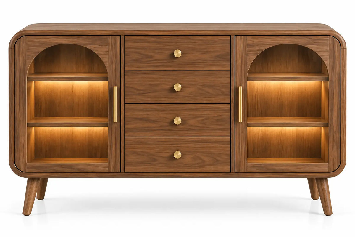 Credenza, ante vetrate ad arco e quattro cassetti, marrone